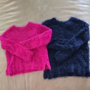 Place Girl's Fuzzy Sweater Set - Pink and Navy